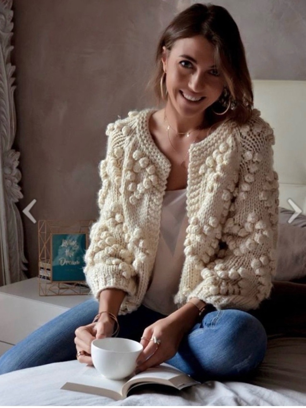 NWT Chic Wish Cream Chunky Knit Pom Pom Bubble Cardigan Sweater Cozy Size S/M